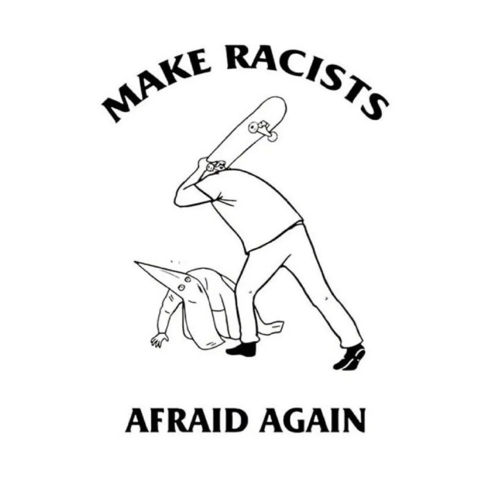 A black-and-white cartoon depicts a person holding a skateboard over the head of another person wearing a pointed hat, who…