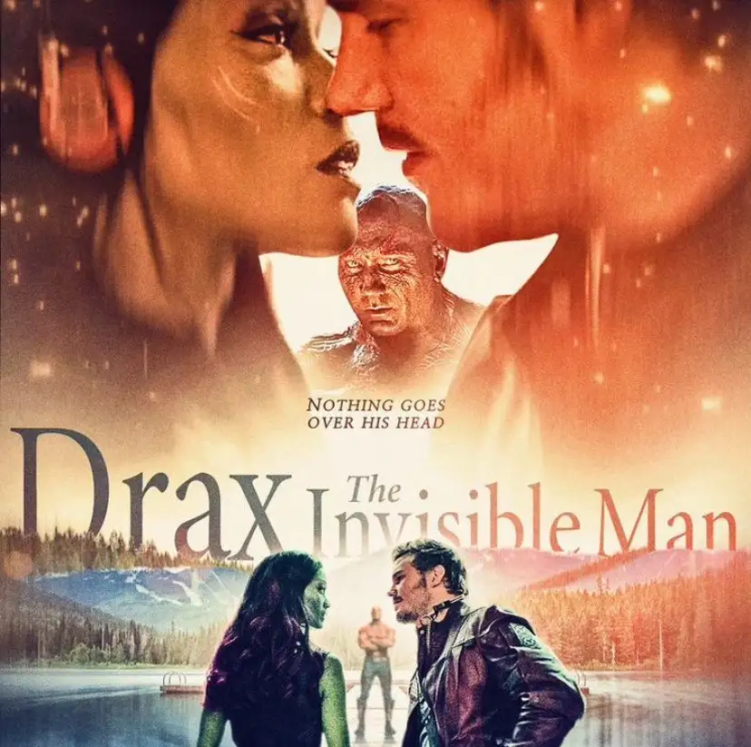A movie poster parody featuring characters from Guardians of the Galaxy, with Drax the Destroyer's face superimposed over a…