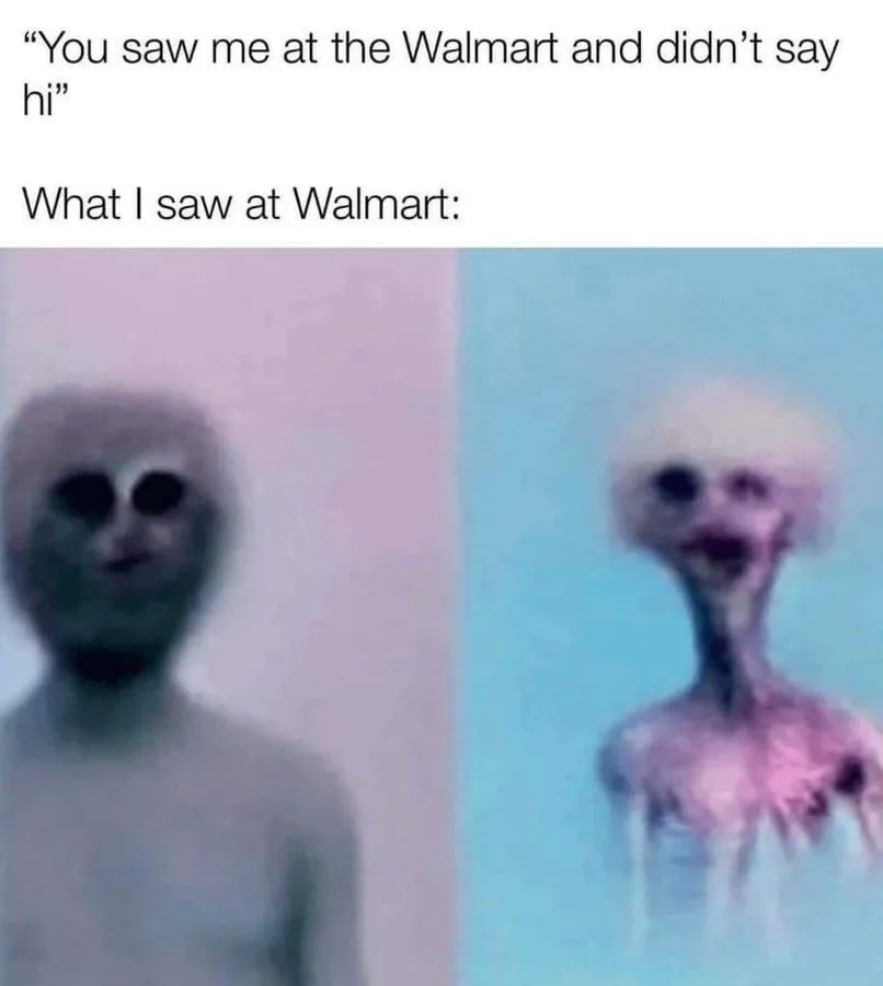 The image displays two blurry, distorted, humanoid figures resembling aliens or monsters, split vertically. The left figure…
