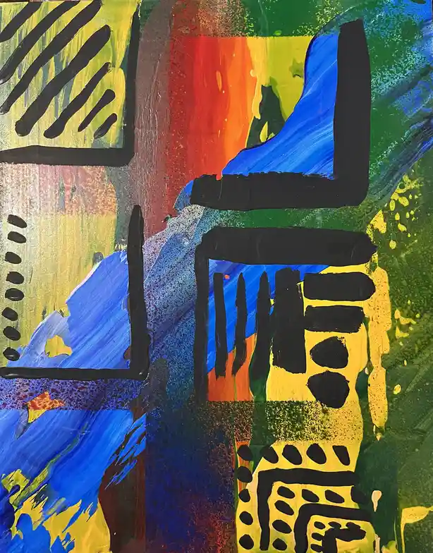 A colorful abstract painting with bold black outlines and vibrant brushstrokes of blue, yellow, green, and red. The overlaid…
