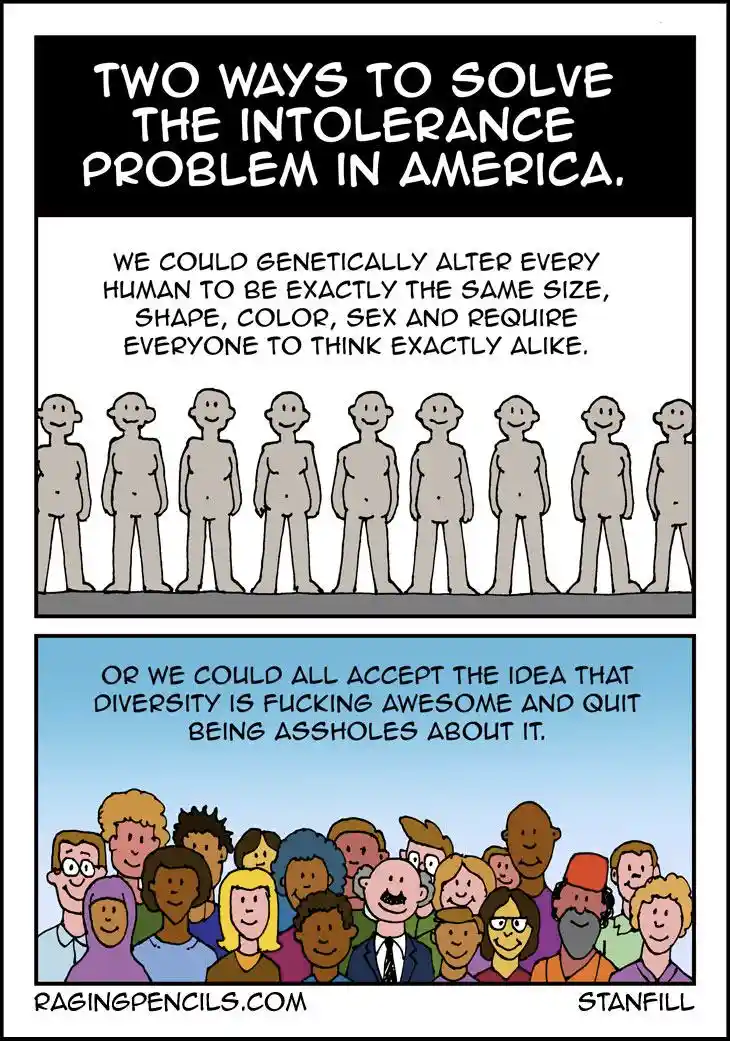 A two-panel comic strip presents two solutions to intolerance. The top panel shows identical gray humanoid figures with text…
