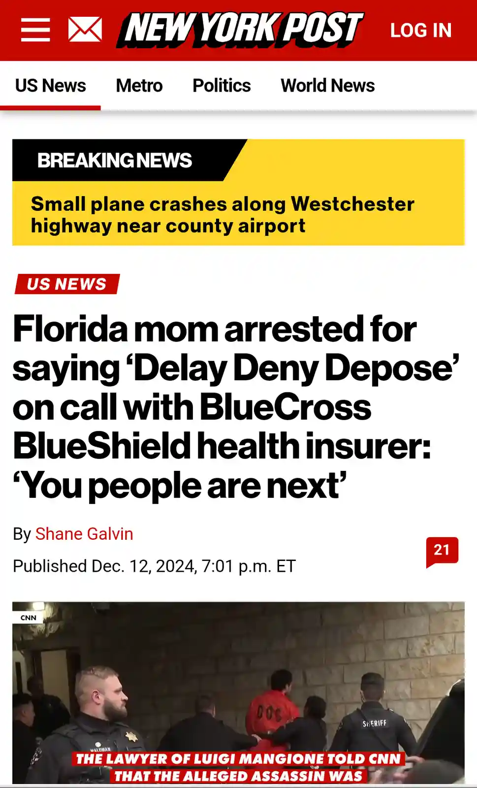 A screenshot of a New York Post news article with a headline about a Florida mom arrested for saying 'Delay Deny Depose' to…
