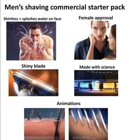 A meme image titled 'Men's shaving commercial starter pack' displays four panels: a shirtless man splashing water on his…