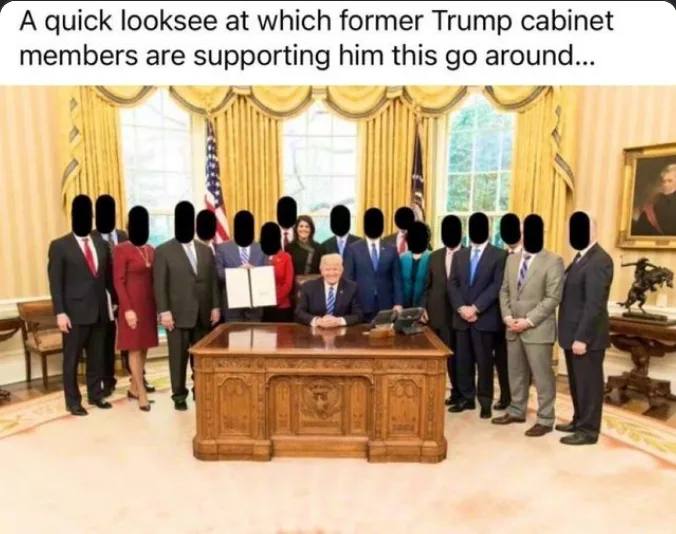 A photo of Donald Trump seated at his presidential desk in the Oval Office, surrounded by a group of former cabinet members…