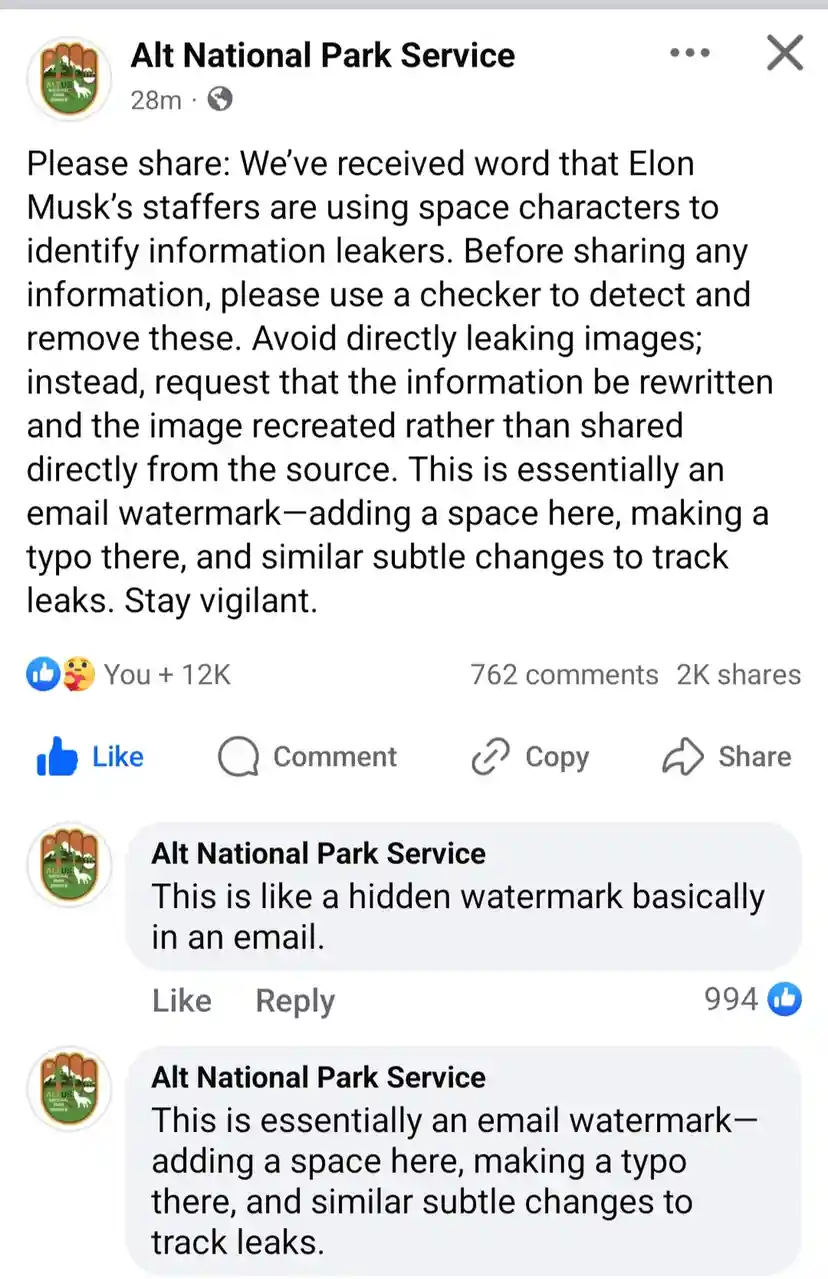 A screenshot of a Facebook post from 'Alt National Park Service' claiming Elon Musk's staff use hidden spaces and typos as…