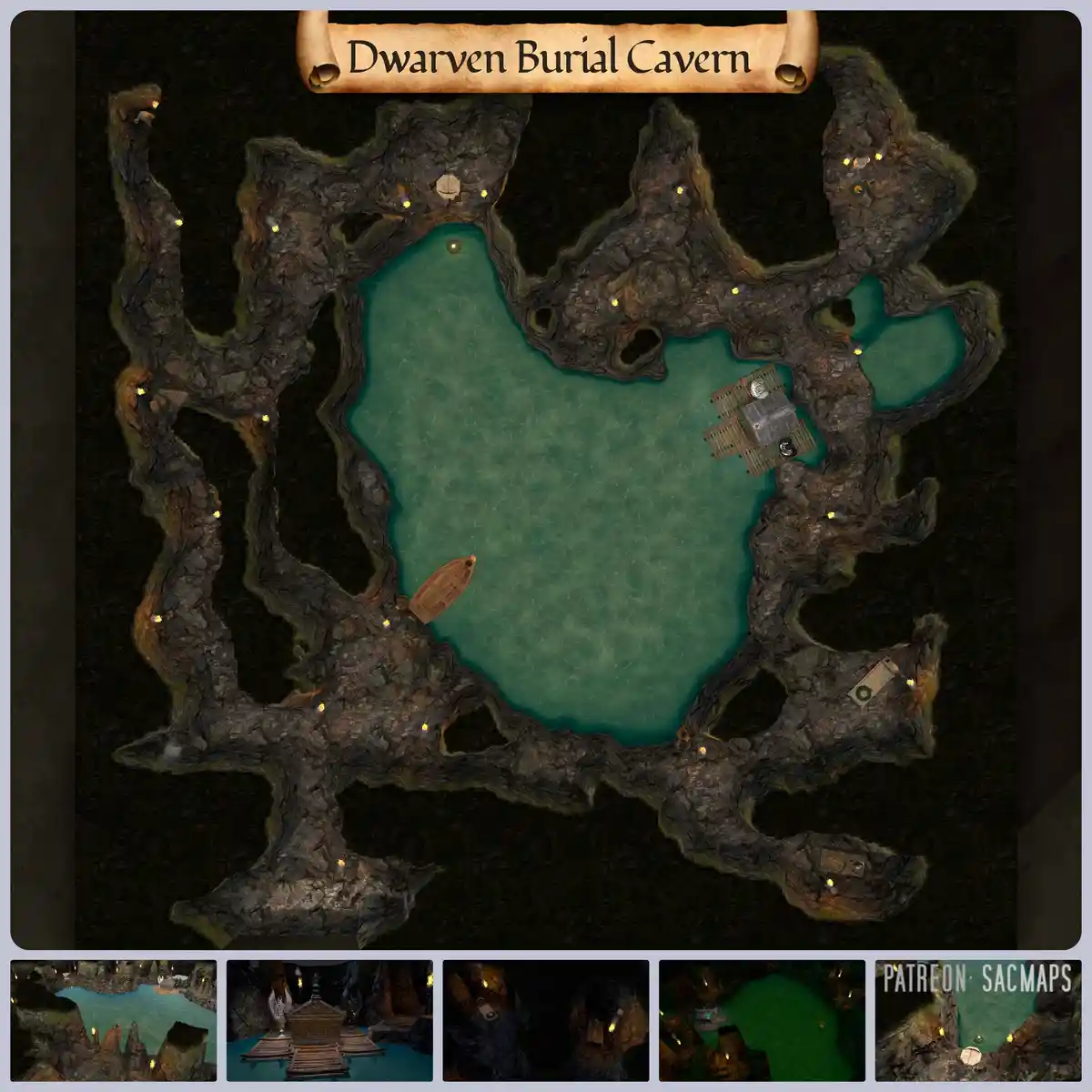 An overhead view of a fantasy dungeon map titled 'Dwarven Burial Cavern,' showing a large central pool surrounded by rocky…