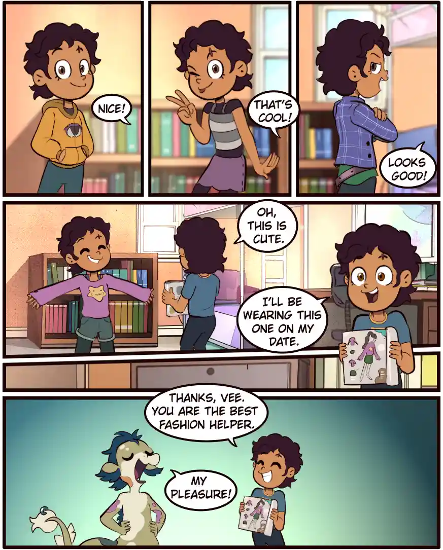 A comic strip shows a boy repeatedly complimenting his friend's outfits, then proudly showing off a new outfit he's chosen…
