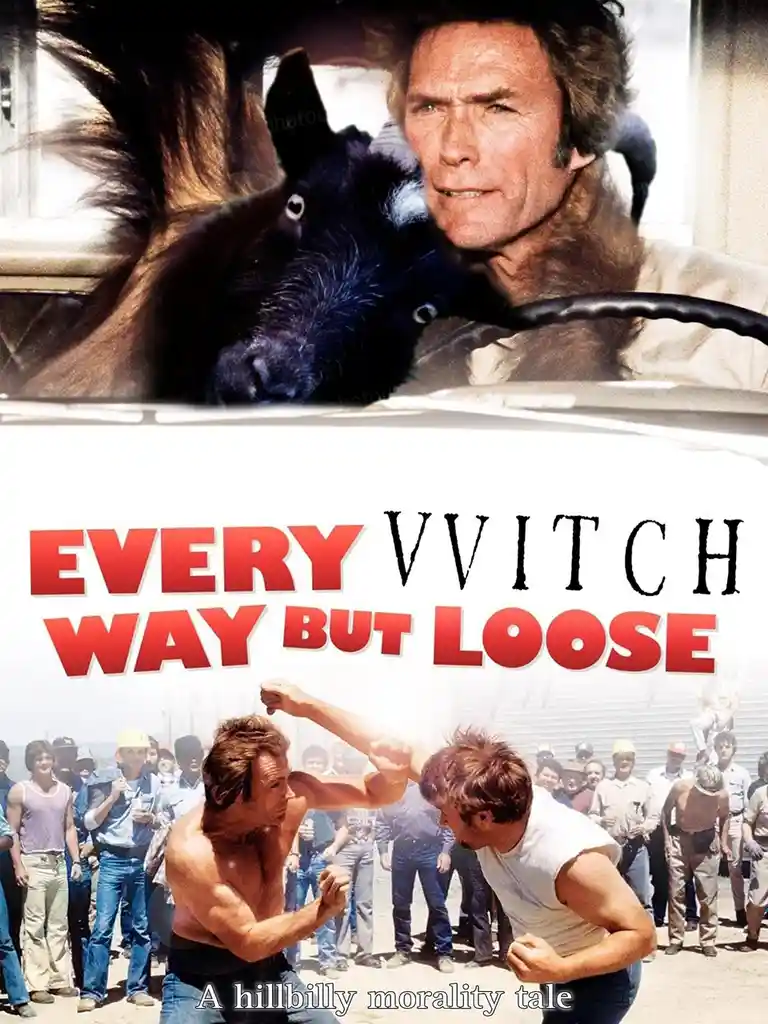 The image is a movie poster for 'Every Way But Loose' featuring Clint Eastwood in a car with a donkey's head in the…