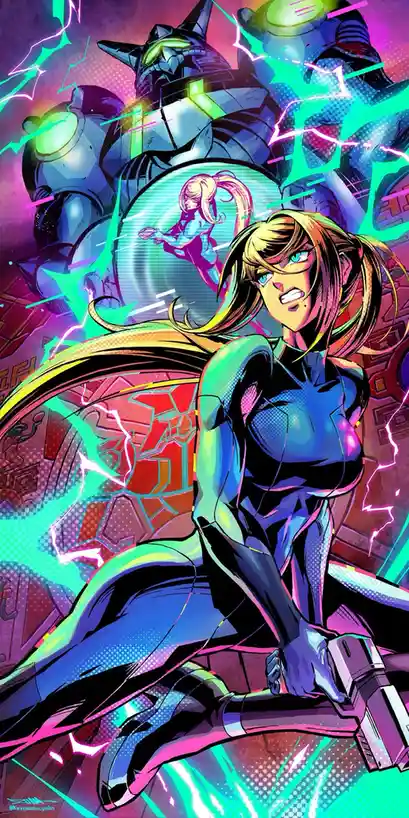 A vibrant, stylized anime illustration features a blonde woman in a futuristic blue and black suit, holding a gun and…