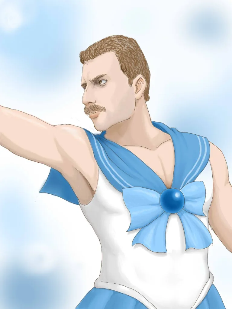 A digitally drawn illustration of a man with a mustache and short brown hair, wearing a blue and white sailor-style school…
