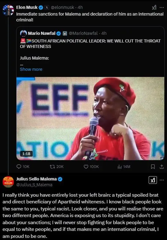 A screenshot of a Twitter thread shows Elon Musk retweeting a post by Mario Nawfal that quotes Julius Malema saying 'WE WILL…