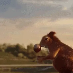A sequence of six images shows a red squirrel repeatedly tossing a nut into the air and catching it, with the final frame…