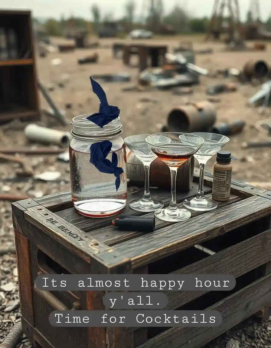 A rustic wooden crate sits in a desolate, junk-filled outdoor area, holding three cocktail glasses, a jar with a blue cloth…