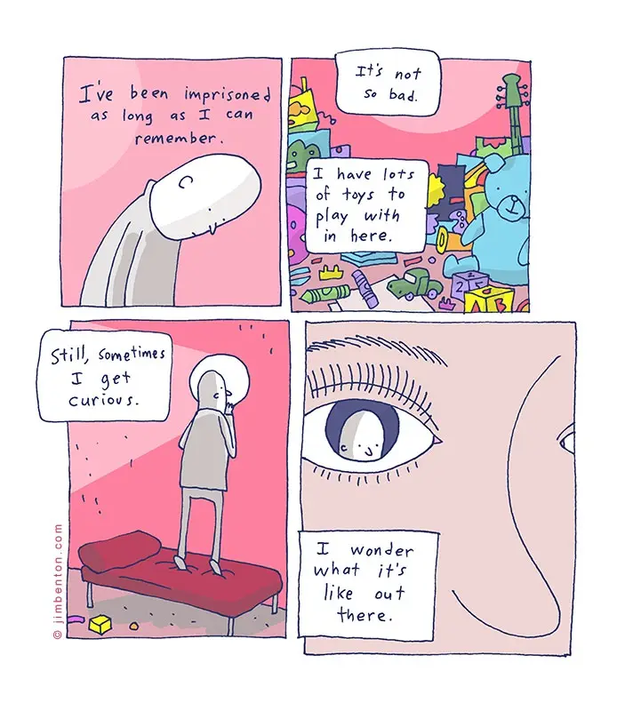 A four-panel comic strip shows a bald, grey-skinned character imprisoned in a room filled with toys, initially content but…