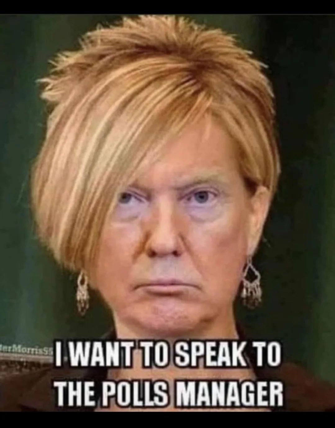 A close-up image of a person with short blonde hair and earrings, resembling Donald Trump, with a stern expression. The…