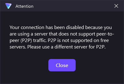 A dark-themed pop-up window with a blue triangular 'Attention' icon and a close button in the top right. The text explains…