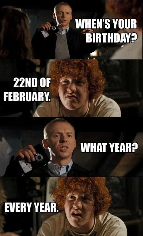 A four-panel meme featuring a police officer asking a man with red hair his birthday. The man replies '22nd of February,'…