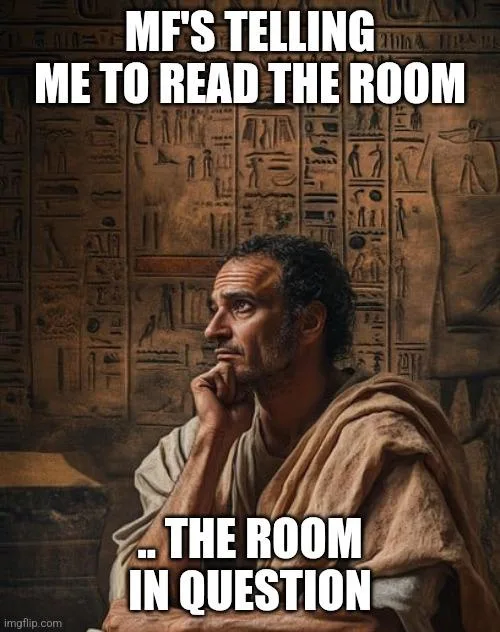 A man in ancient Egyptian-style robes sits thoughtfully with his hand on his chin, looking off to the side against a…