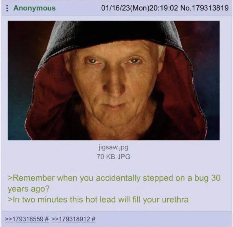 A close-up image of a man in a dark hooded robe with a stern, intense gaze. Overlaid text reads: '>Remember when you…