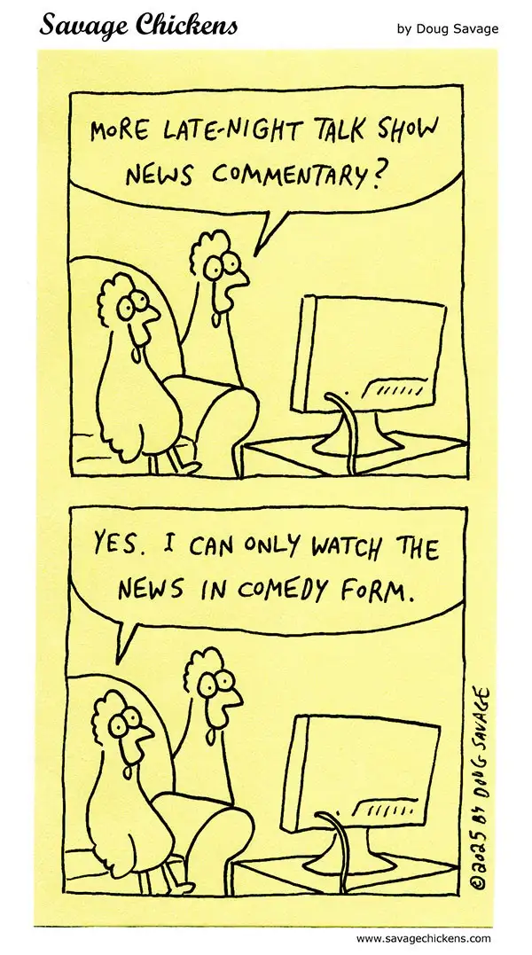 A two-panel comic strip by Doug Savage titled 'Savage Chickens' shows two cartoon chickens sitting in front of a computer…