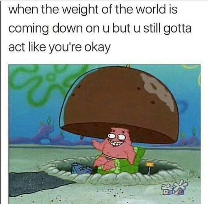 Patrick Star from SpongeBob SquarePants sits smiling cheerfully under a large, heavy-looking brown dome that is crushing…
