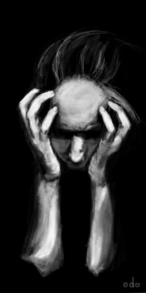 A black-and-white sketch depicts a person with their head bowed and hands clutching their head, conveying intense distress…