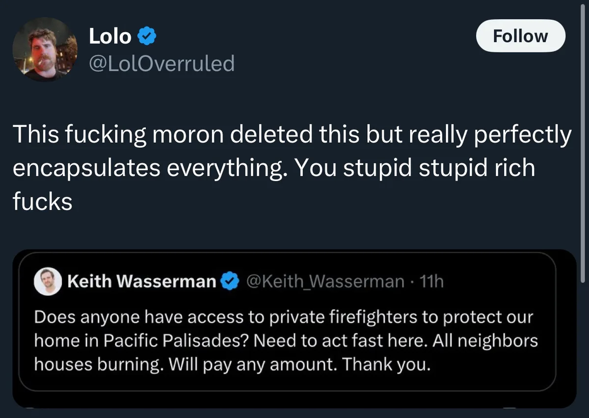 A screenshot of a Twitter thread shows a user named Keith Wasserman asking if anyone has access to private firefighters to…
