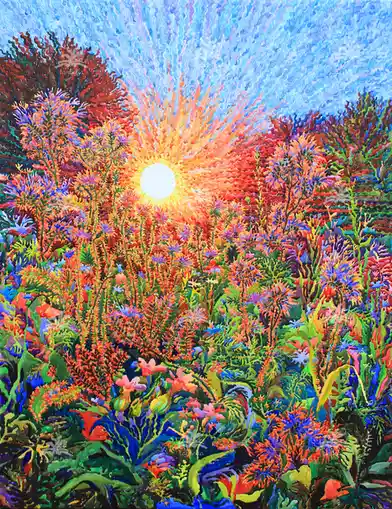 A vibrant, stylized painting depicts a sunburst radiating through a dense field of colorful, abstract flowers and foliage…