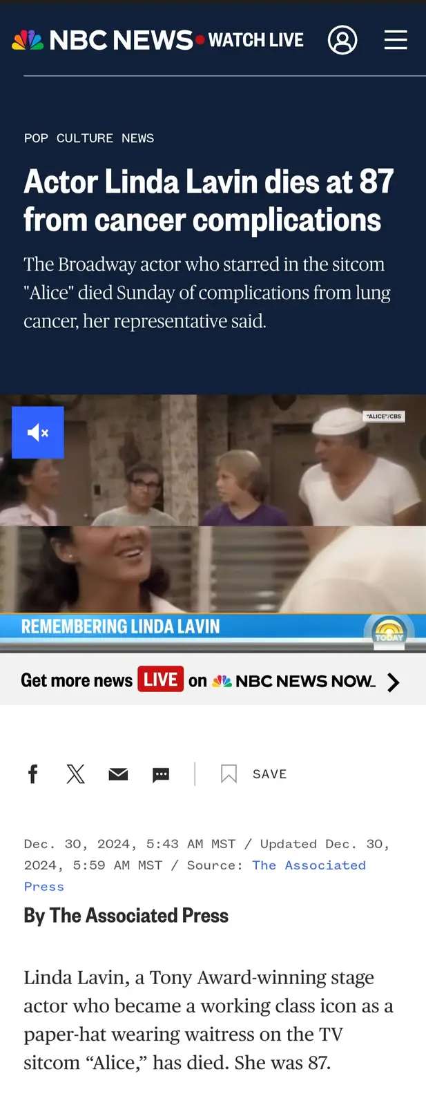 An NBC News article about actor Linda Lavin's death at 87 from cancer complications, featuring a still from the TV show…