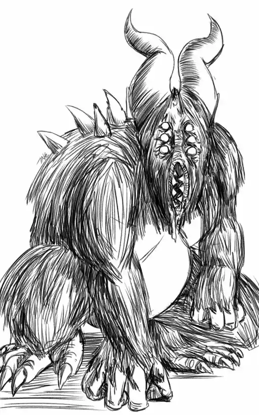 A black-and-white sketch depicts a monstrous, hulking creature with horns, multiple eyes, sharp teeth, and claws, crouching…