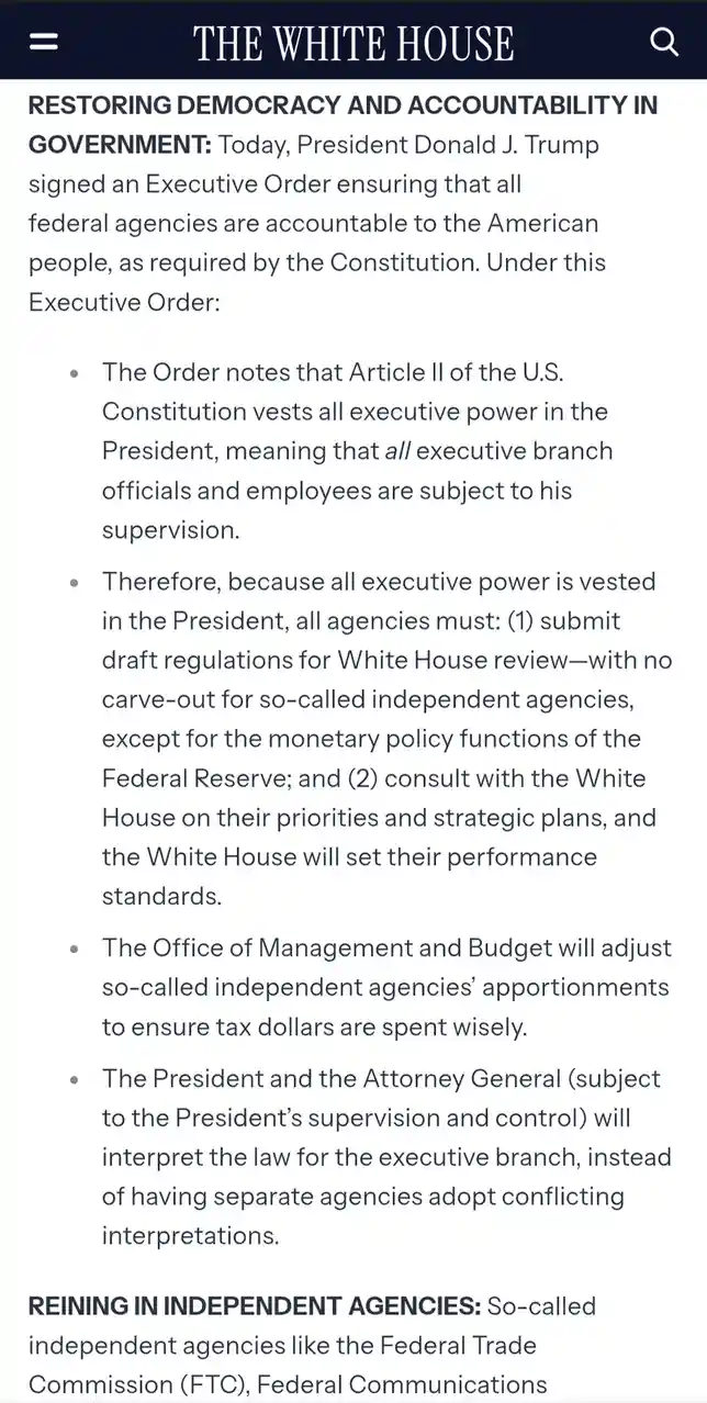 The image displays a screenshot of a White House webpage announcing an executive order by President Donald J. Trump. The…