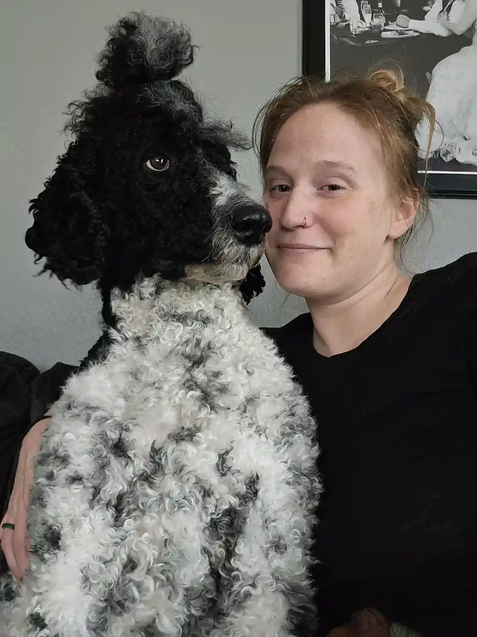 A woman with reddish hair tied up and a nose ring smiles while holding a black and white poodle with an elaborate haircut…