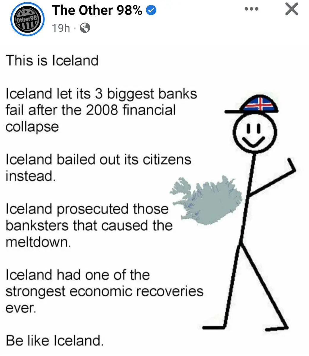 A simple stick figure wearing a cap with the Icelandic flag holds a map of Iceland. Text on the left lists Iceland's…