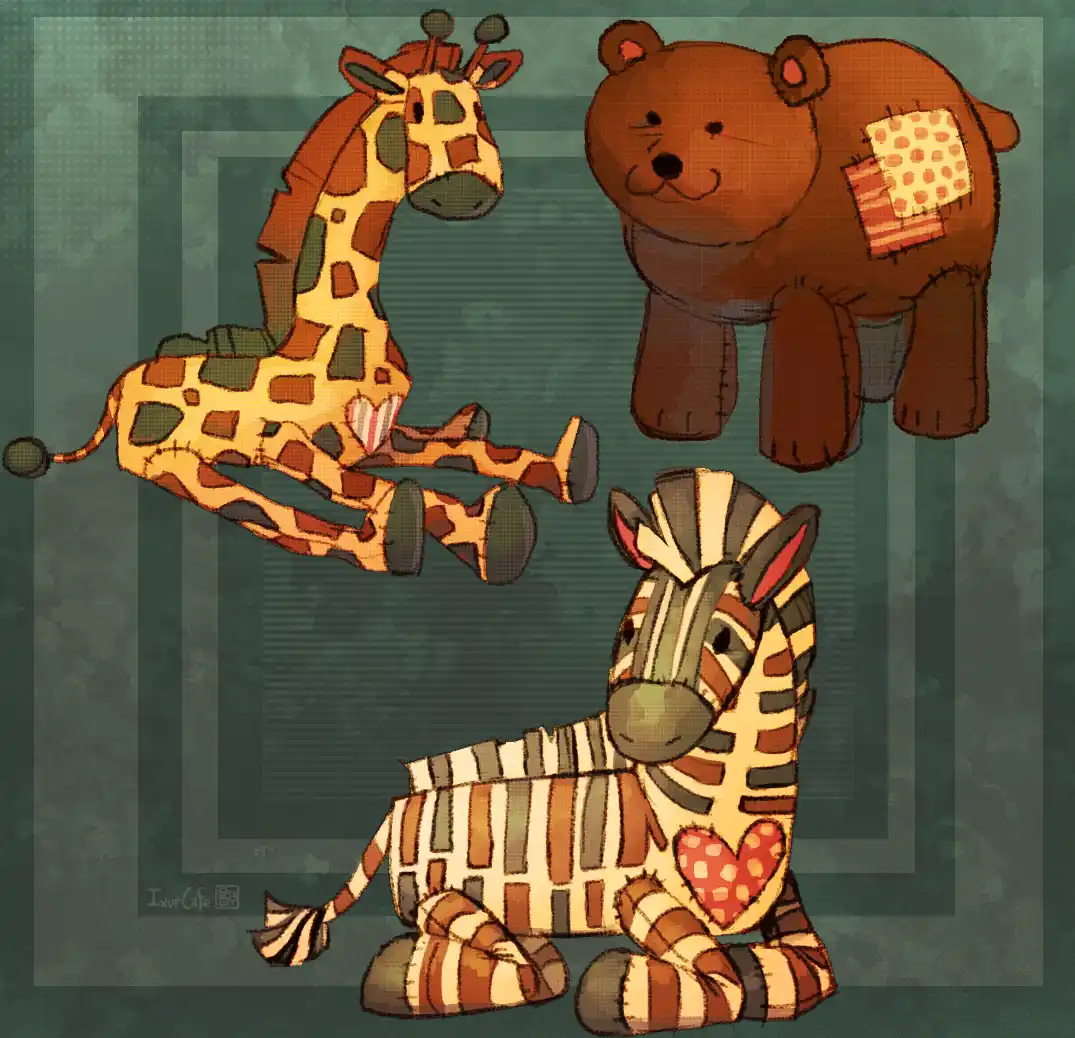 Three cartoon stuffed animals—a giraffe, a bear, and a zebra—are shown against a textured teal background. The giraffe and…