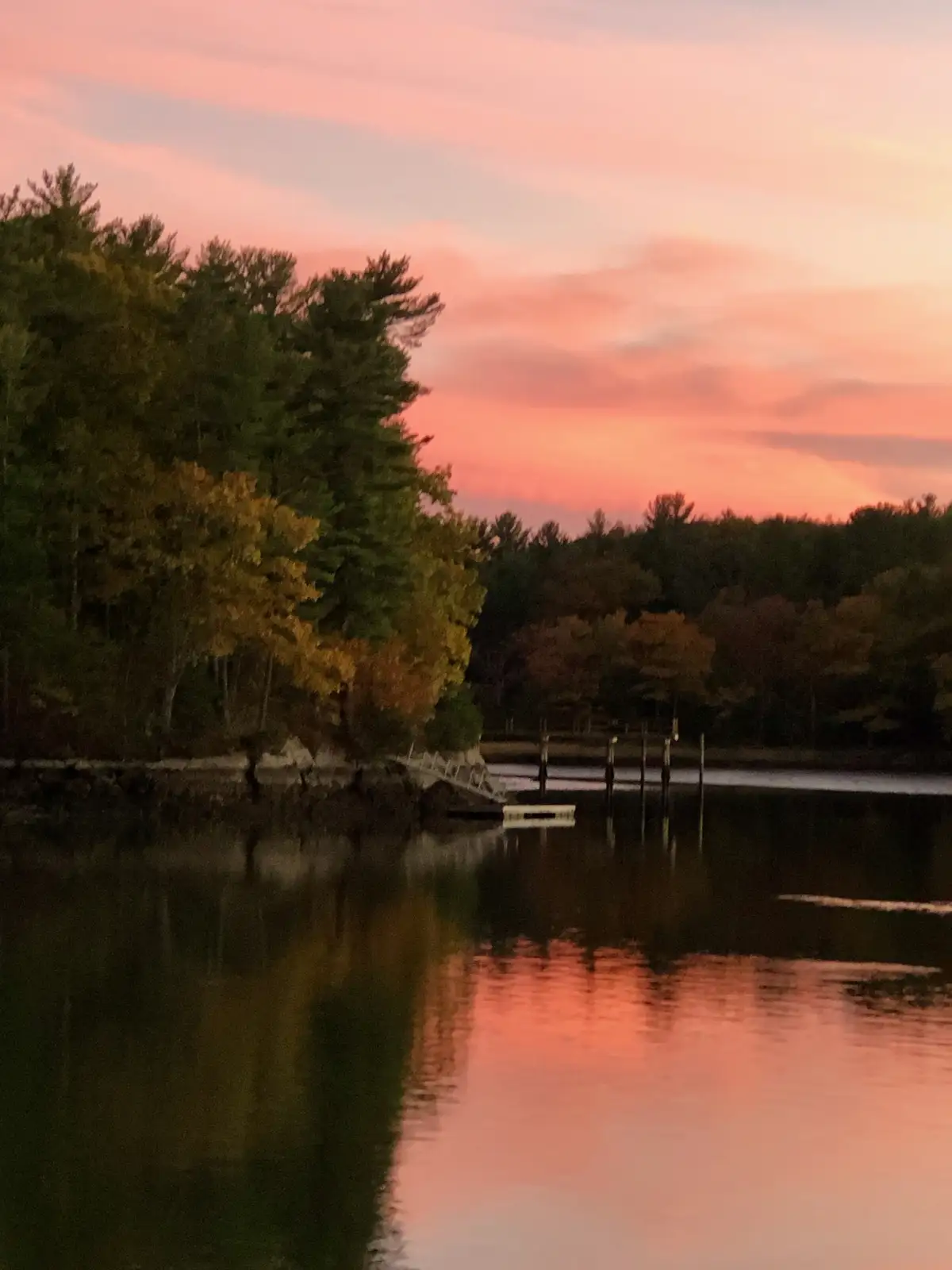 A serene autumn sunset over a calm lake, with pink and orange clouds reflected in the water, surrounded by trees with green…