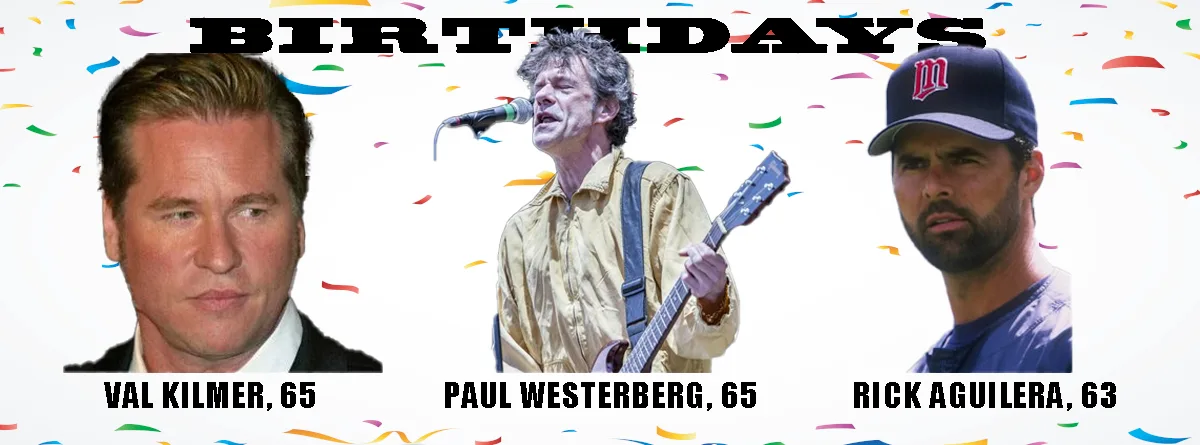 A celebratory image with confetti background and the word 'BIRTHDAYS' at the top, featuring three men: Val Kilmer, Paul…