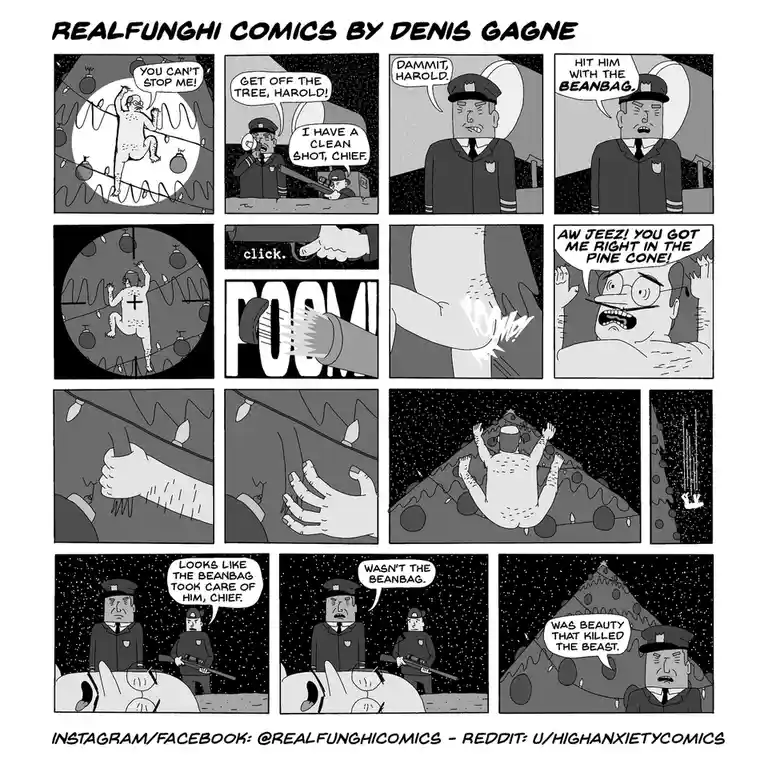 A black-and-white comic strip shows police officers trying to shoot a man clinging to a Christmas tree. The officer orders a…