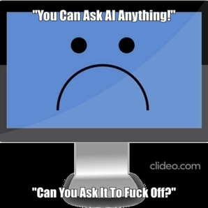 A cartoon computer monitor displays a simple sad face with two black dots for eyes and a downturned mouth on a blue screen…