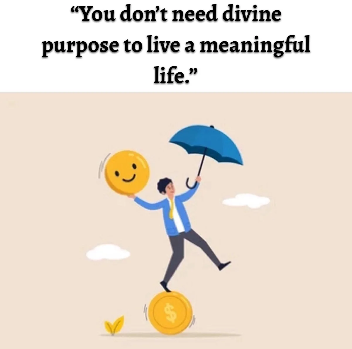 An illustration shows a cartoon man in a blue suit and yellow tie balancing on a large golden coin with a dollar sign…