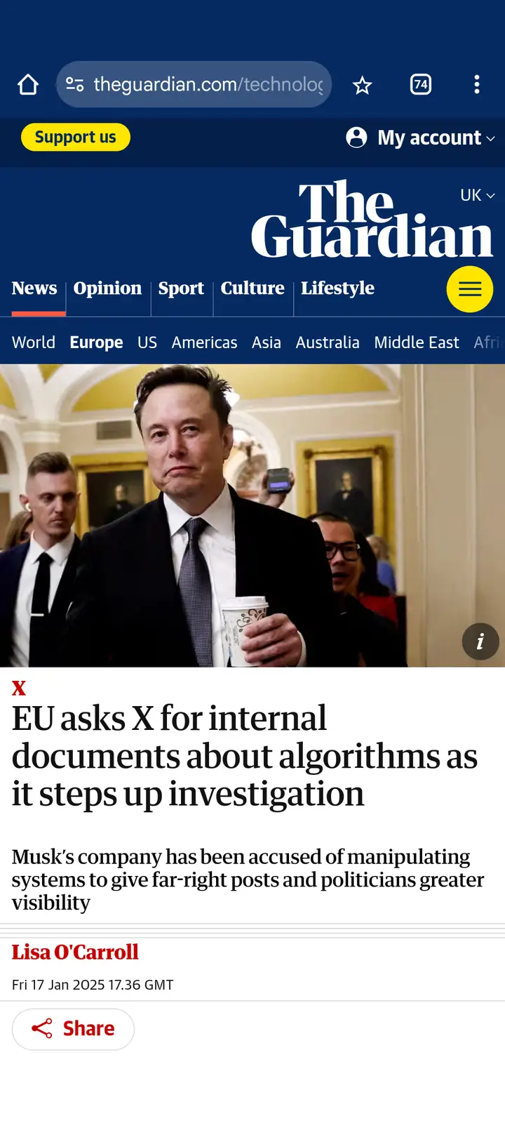 A screenshot of a The Guardian news article shows Elon Musk holding a coffee cup with a somber expression, while the…