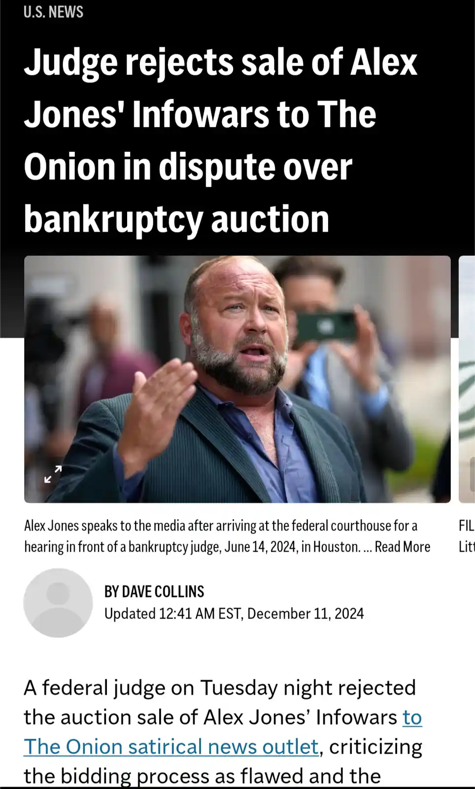 A screenshot of a U.S. News article shows a photo of Alex Jones speaking to the media after a court hearing. The headline…