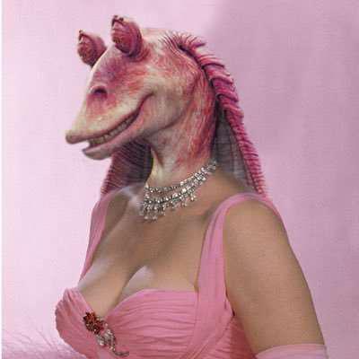 A person with a digitally altered, pink-skinned, horse-like head wearing a pink dress and diamond necklace, smiling against…