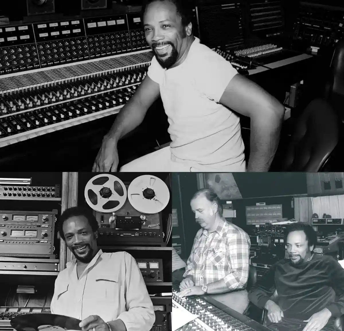 A black-and-white collage of three photos showing musician Stevie Wonder in different recording studio settings. In the top…