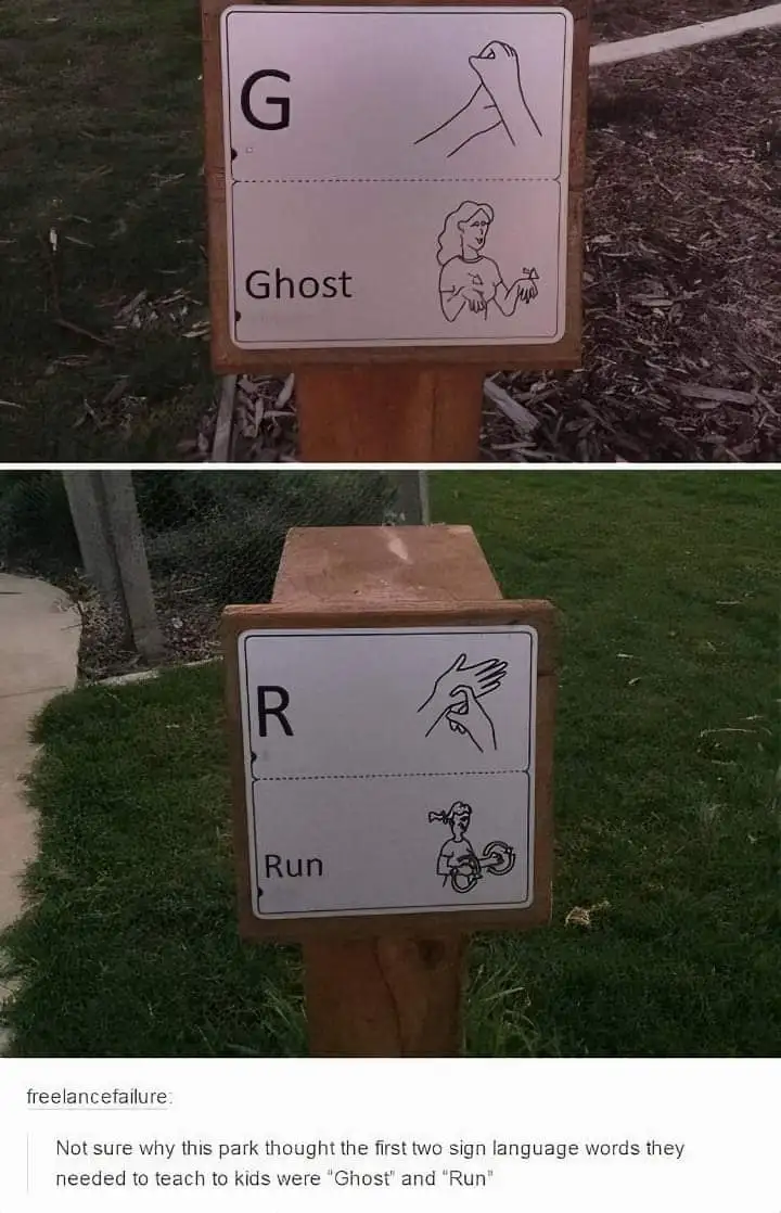 Two images show wooden signs in a park teaching sign language. The top sign shows the letter 'G' with a hand gesture for…