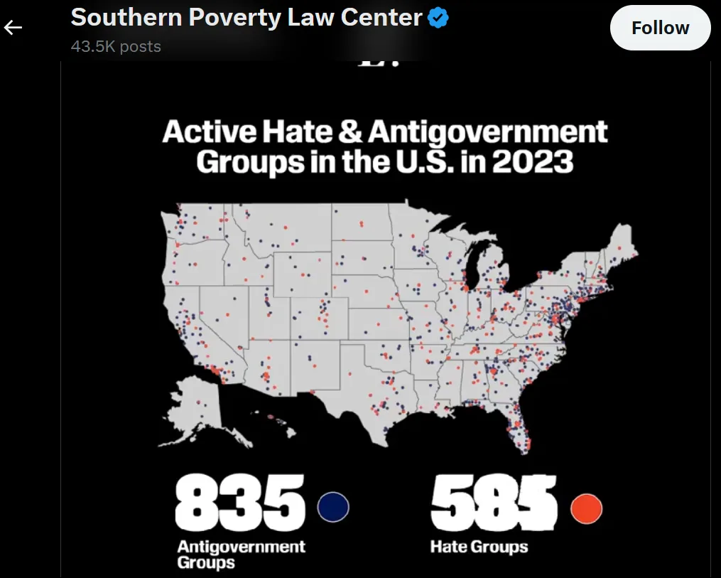 A map of the United States showing red and blue dots representing 835 antigovernment groups and 585 hate groups as of 2023…