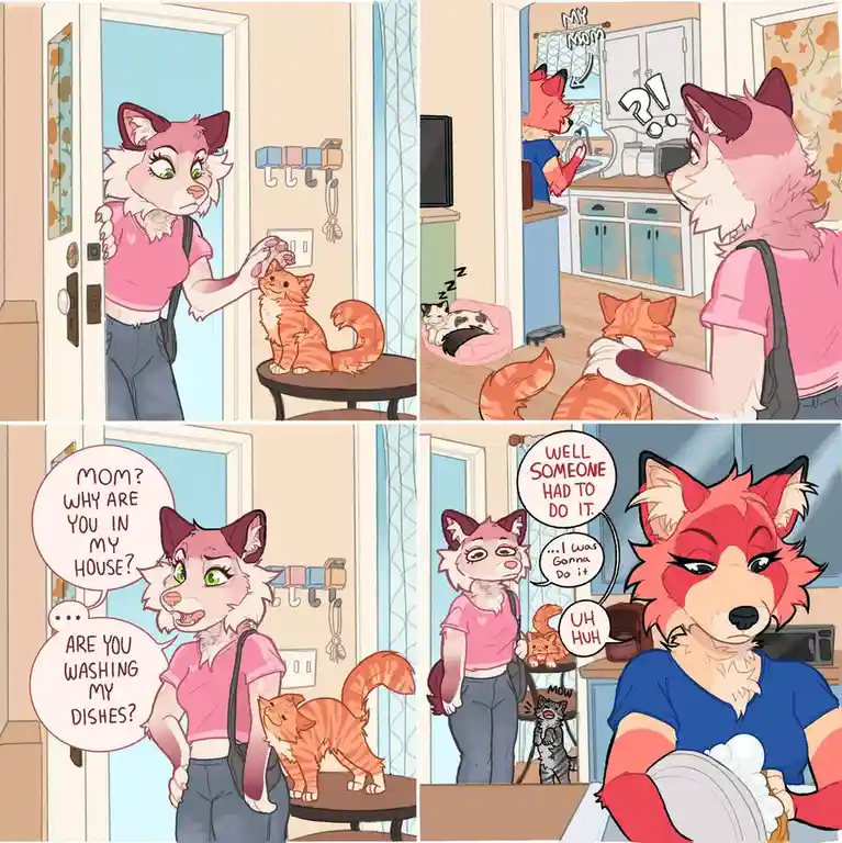 A four-panel comic strip featuring anthropomorphic foxes. In the first panel, a pink-furred fox girl enters her home and…