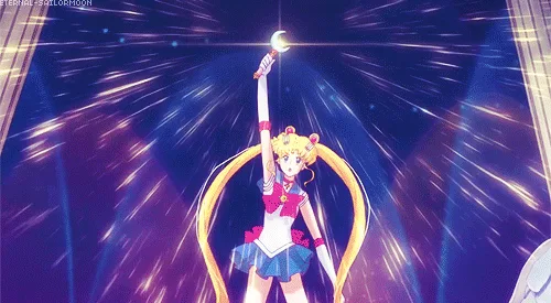 A six-panel anime sequence shows Sailor Moon in her signature blue and white sailor uniform with long golden pigtails…