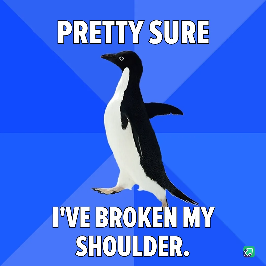 A black-and-white penguin stands against a blue background with diagonal lines, looking slightly awkward. The text overlaid…