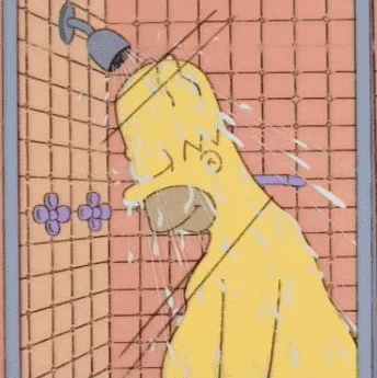A six-panel animation shows Homer Simpson in a shower, water splashing on his face as he reacts with increasing discomfort…