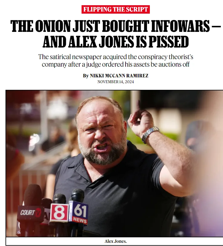 A satirical newspaper headline reads 'THE ONION JUST BOUGHT INFOWARS — AND ALEX JONES IS PISSED' with a subheading…